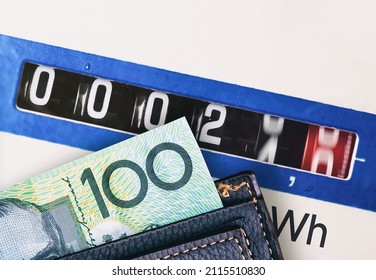 wallet with Australian dollar paper money. and electricity meter measures - Shutterstock ID 2115510830