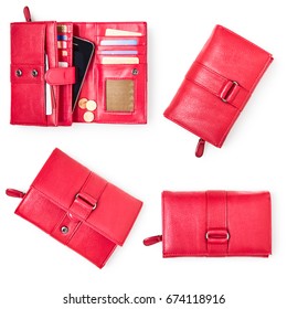 Wallet With Credit Cards And Smartphone Isolated On White Background. Female Red Purse Collection. Top View, Flat Lay