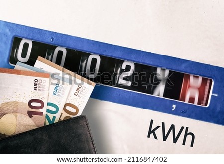wallet with euros paper money and electricity meter measures