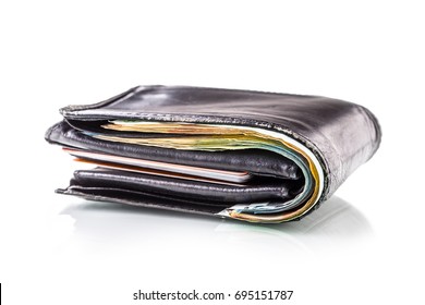 Wallet Full Of Banknotes And Credit Cards Isolated On White With Mirror Reflection.