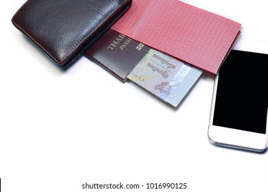 Wallet ,passport,money And Phone In Travel Concept On White Background Isolated