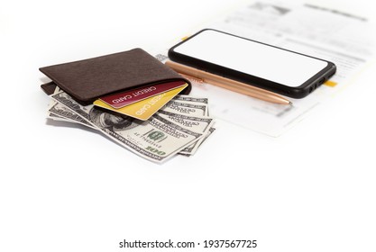 Wallet With Usa Dollar, Credit Cards, Pen And Mobile Phone On Bank Statement White Background