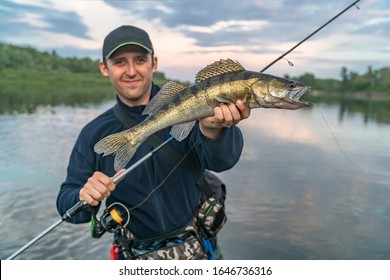 Walleye fishing. Happy fisherman with zander fish at river