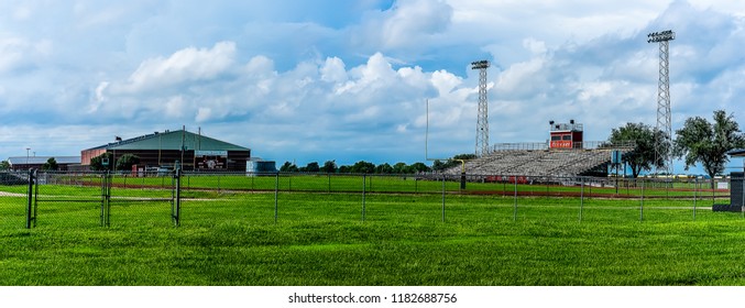 Wallis, Texas, USA - September 15, 2018 Small Town Brazoria High School Football Field On A Saturday Morning After A Friday Night Game.