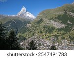 The walliser alps with the Matterhorn peak over the Mattertal valley and Zermatt.