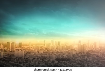 Wallpaper of cityscape concept: Big city skyline with urban skyscrapers at autumn sunset background. Bangkok, Thailand, Asia