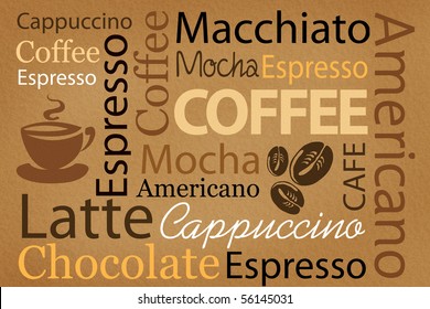 Wallpaper For Decorate Coffee Or Coffee Shop. Words And Pictures On A Brown Background