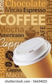 Wallpaper For Decorate Coffee Or Coffee Shop. Words And Pictures On A Brown Background