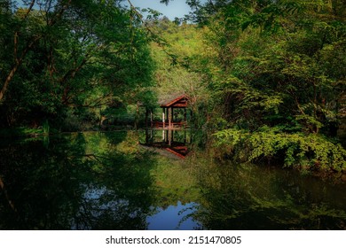 A Wallpaper Of Green Forest With Little Wooden House And Clear Lake