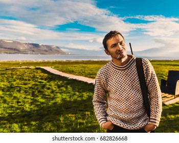 Wallpaper Norway Landscape Nature Of The Mountains Of Spitsbergen Longyearbyen Svalbard Building  On A Polar Day With Arctic Summer In The Sunset And Blue Sky With Clouds Hunter With A Gun