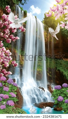 wallpaper Waterfall with magnolia, swan, flowers, pigeon