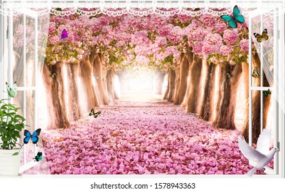 Wallpaper of a wonderful mural of pink leaves