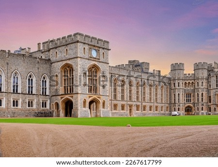 Walls and architecture of Windsor castle at sunset, UK