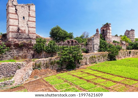 Walls of Constantinople in summer, Istanbul, Turkey. Famous ancient Walls of Constantinople are one of main landmarks in city. Constantinople was capital of Roman Byzantine Empire. Travel concept.