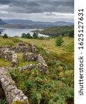 Walls mark the ruins of buildings at Altigin Shuas above Glen Torridon in the remote west Highlands of Scotland.