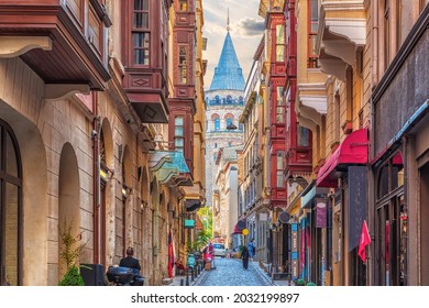 The walls of the narrow turkish street by the Galata Tower, Istanbul