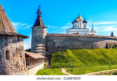 Walls and towers of a stone medieval fortress. Medieval fortress panorama. Fortress stone walls. Fortress landmark