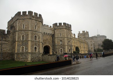 Walls And Towers Of Windsor Castle By  Heavy Rain, England