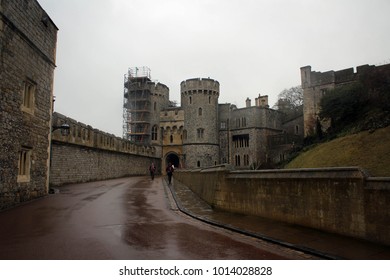 Walls And Towers Of Windsor Castle By  Heavy Rain, England