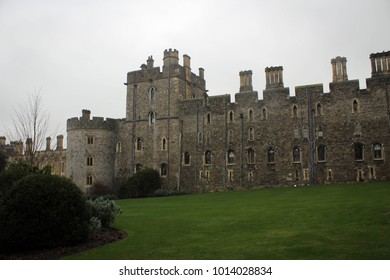 Walls And Towers Of Windsor Castle By  Heavy Rain, England