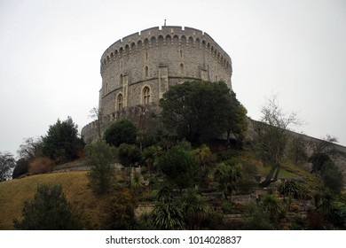 Walls And Towers Of Windsor Castle By  Heavy Rain, England