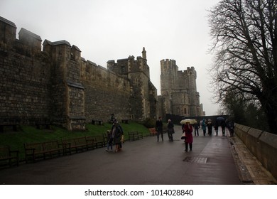 Walls And Towers Of Windsor Castle By  Heavy Rain, England