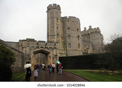 Walls And Towers Of Windsor Castle By  Heavy Rain, England