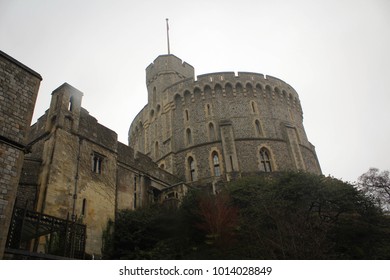 Walls And Towers Of Windsor Castle By  Heavy Rain, England