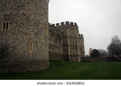 Walls And Towers Of Windsor Castle By  Heavy Rain, England