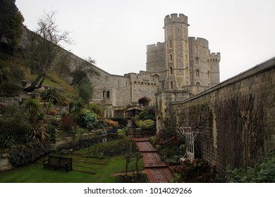 Walls And Towers Of Windsor Castle By  Heavy Rain, England