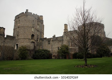 Walls And Towers Of Windsor Castle By  Heavy Rain, England