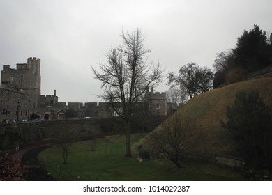 Walls And Towers Of Windsor Castle By  Heavy Rain, England