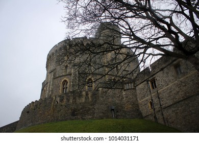 Walls And Towers Of Windsor Castle By  Heavy Rain, England