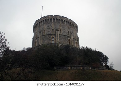 Walls And Towers Of Windsor Castle By  Heavy Rain, England