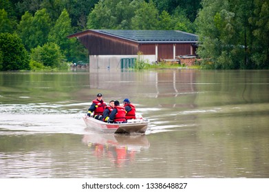 Wallsee, Austria, 04 June 2013, Rescue Workers At A Big Flood At The Danube River