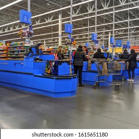 
Walmart Retail Store Checkout Lane Customers, Saugus Massachusetts USA, January 6, 2020