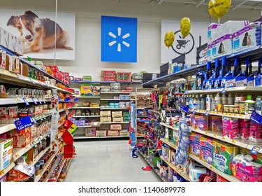 Walmart retail store pet center aisle area, Peabody Massachusetts USA, July 1, 2018