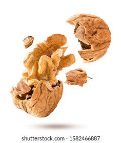 Walnut broken flying close-up on a white background.
