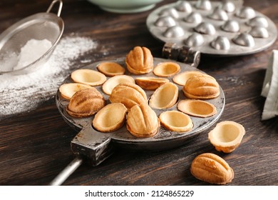 Walnut Cookie Mold Maker On Dark Wooden Background