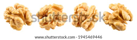 Walnut half isolate. Peeled walnut on white. Walnut nut top view. Set with clipping path. Full depth of field.