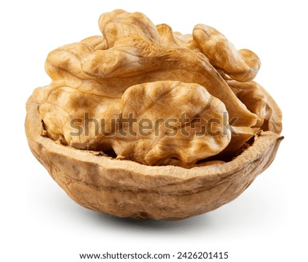 Walnut half isolated. Walnut half with nut peel on white background. Walnut kernel. With clipping path. Full depth of field. Perfect not AI walnut, true photo.
