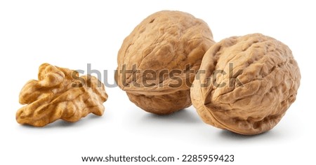 Walnut isolated. Two unpeeled walnuts with peeled kernel on white background. Walnut nut with shell. Side view. With clipping path. Full depth of field.