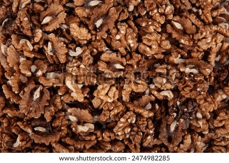 Walnut kernel, Closeup of big shelled walnuts pile. Top view of bunch of nutrient fresh walnuts without shell isolated on white background.