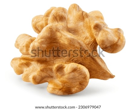 Walnut kernel isolated. Walnut half on white background. Peeled broken walnut kernel. With clipping path. Full depth of field. Perfect not AI walnut, true photo.