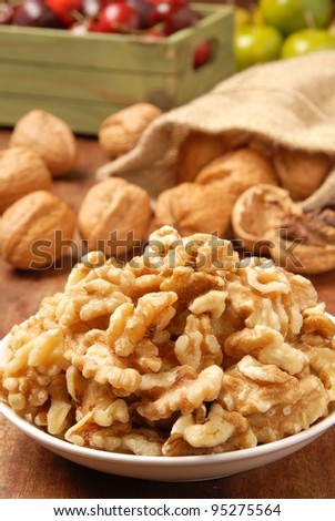 Walnut kernel  in a white bowl