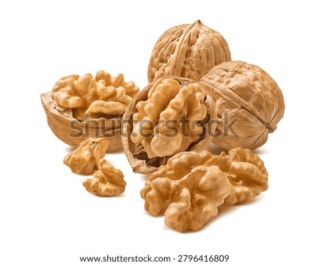 Walnut nuts group isolated on white background. Real photography. Package design element with clipping path. Full depth of field