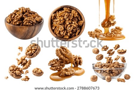 Walnut walnuts nut drupe seed fruit, pile bowl stack, caramel honey syrup drip, broken pieces, shell husk, isolated cutout Mockup