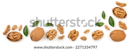Walnuts with leaf isolated on white background with copy space for your text. Top view. Flat lay