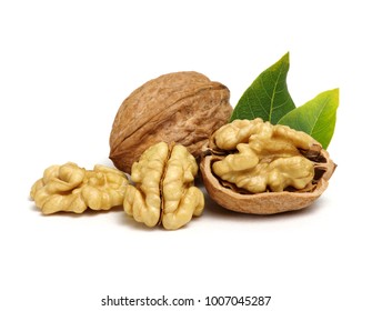 Walnuts With Leaves Isolated On White