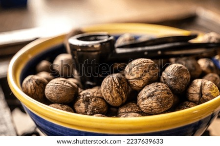Walnuts and nutcracker in bowl closeup. Deicious nuts for vegetarian heathy diet and protein nutrition